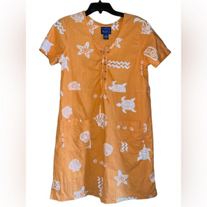 Blue J Vintage Linen Blend Printed Summer Dress‎ Coverup Lace Up Small Sea Life